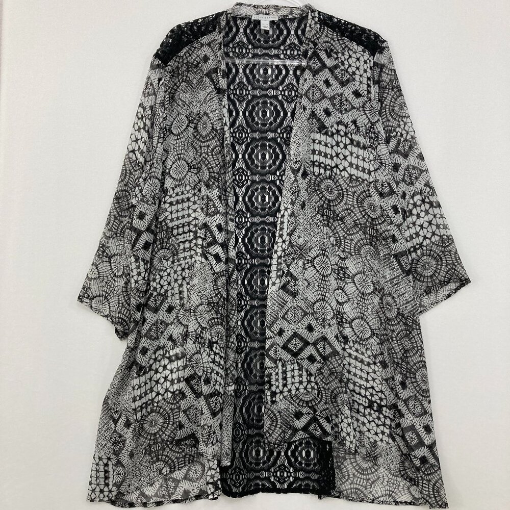 Susan Graver size XL Black White Geometric Boho Lace Open Front Light Kimono